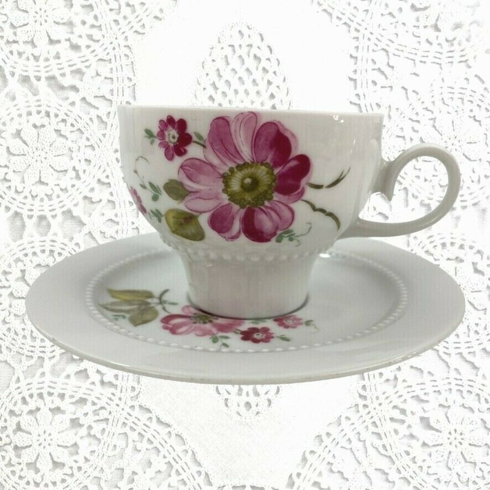 Eschenbach China Bavaria Germany Tea Cup & Saucer White Pink Flower Beaded Trim